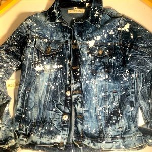 Stretch denim jacket with white paint splatter